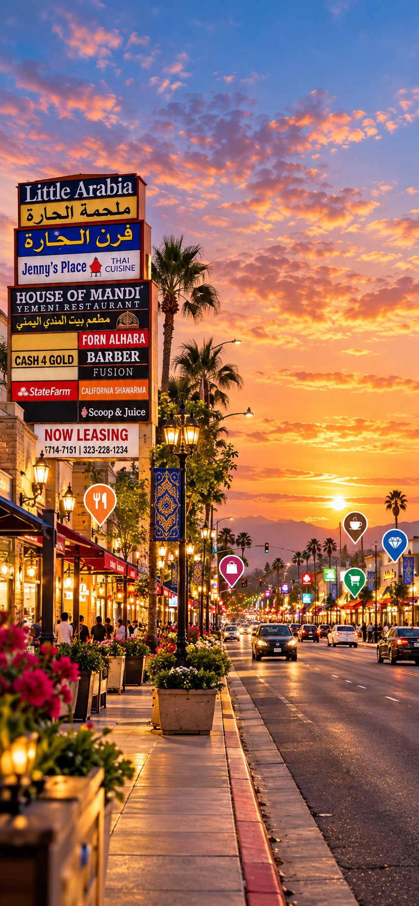 Little Arabia Anaheim boulevard at sunset with the Little Arabia monument sign, lit storefronts, palm trees and traffic.